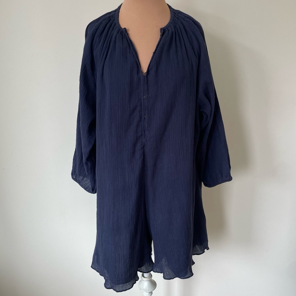 Apiece Apart Blue Cotton Gauze Loose Fit 3/4 Sleeve Hook & Eye Romper Size 4